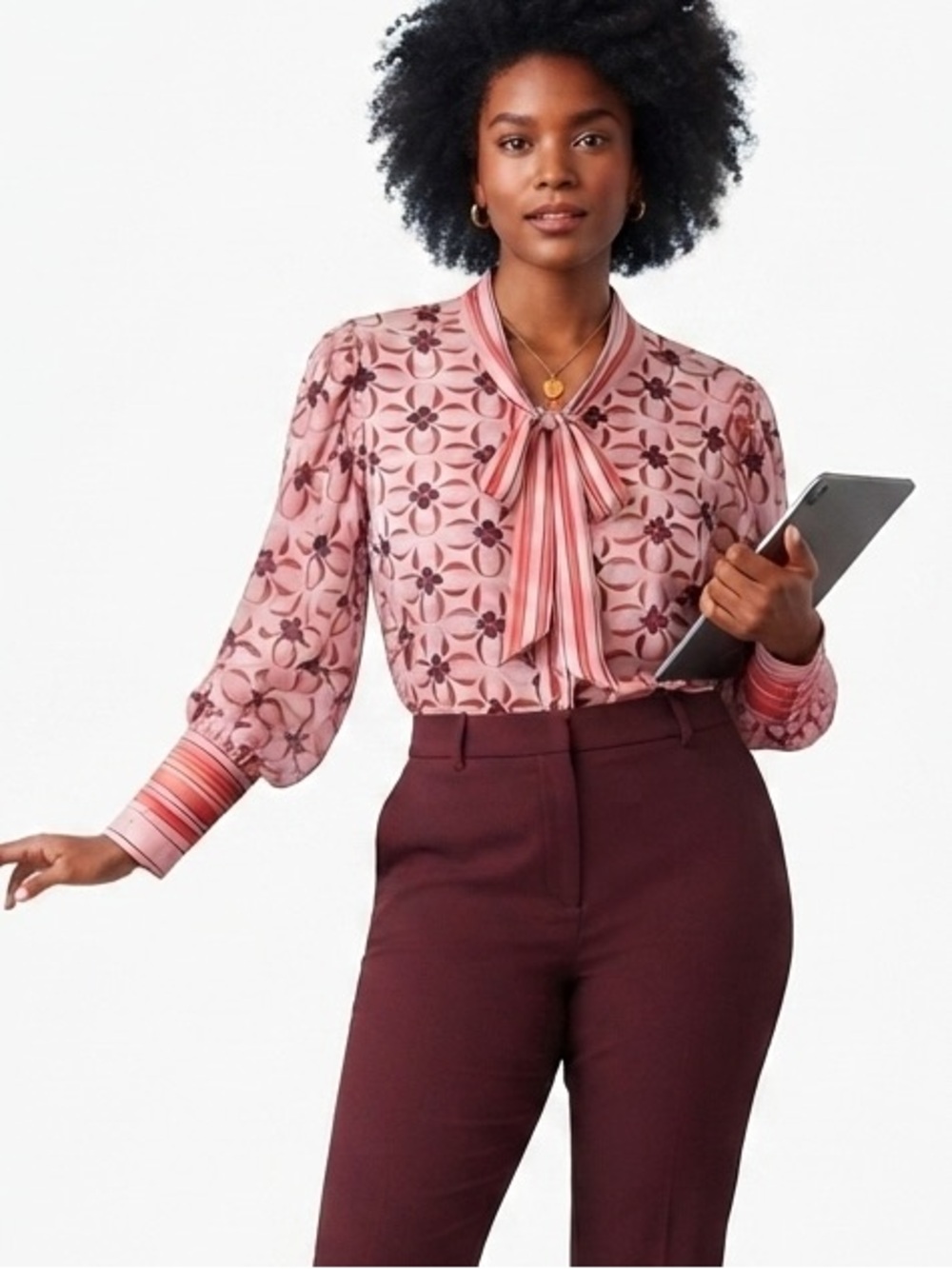 Eloquii Geometric Print Tie Neck Blouse Pink Berry Size 16 EUC